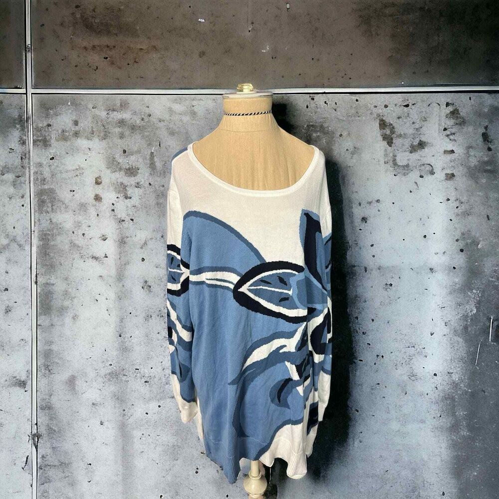 Chico's Blue Cool Floral Tunic Sweater NWT Size XL